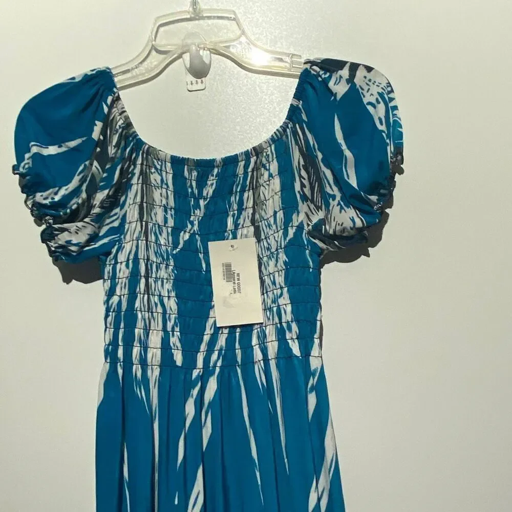Women's Blue White Tropical Smocked Stretchy‎ Pullover Maxi Dress One Size NWT